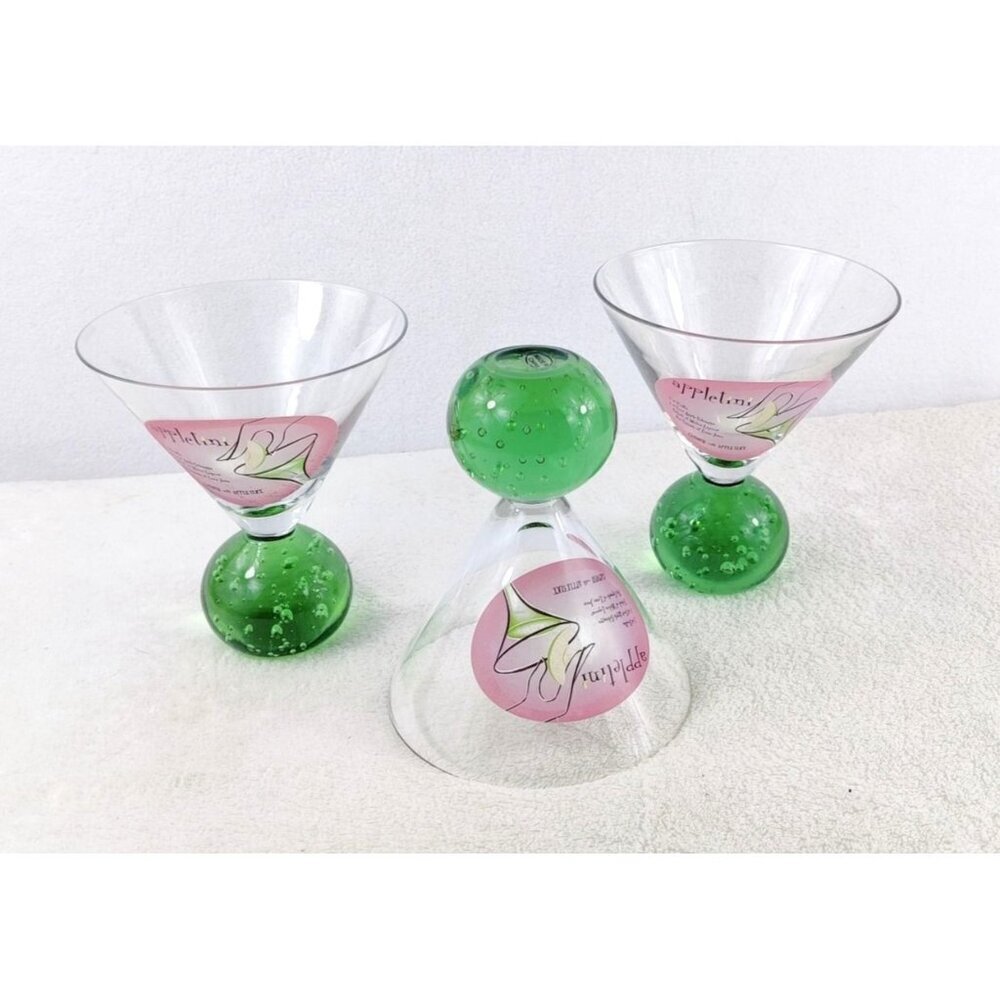 Apple Martini Glasses Set of 3 Green Bubble Glass Bottom Ball Cocktail Recipe